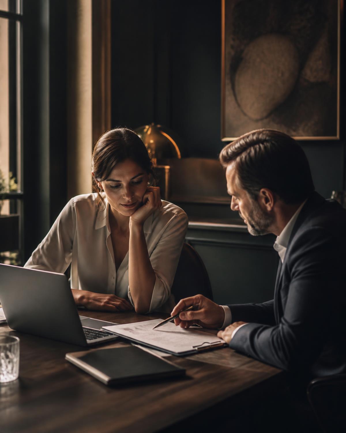 Consultant reviewing a client's sales process at a walnut table
